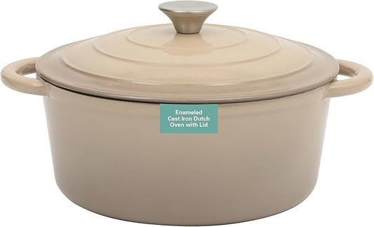 Gibson Home Addlestone 5 Qt Enameled Cast Iron Dutch Oven Pot with Lid ??Round, Oven Safe to 500째F, Ideal for Bread Baking & Stews - Gradient Taupe