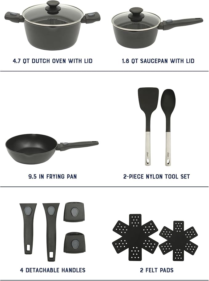 Oster SmartHandle Advance 13-Piece Nonstick Cookware Set ??Matte Black Finish, Induction Base, Detachable Handles, Forged Aluminum, Oven & Dishwasher Safe, With Utensils & Pan Protectors