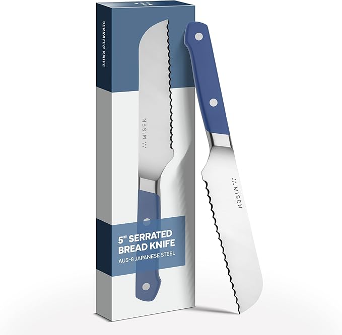 Misen Serrated Bread Knife - High-Carbon Japanese AUS8 Steel - Perfect for Soft Foods, Bread, Pastries, and Fruits - Verstatile Slicer, Razor-Sharp Edge, Durable Blade, Ergonomic Handle - 5", Blue