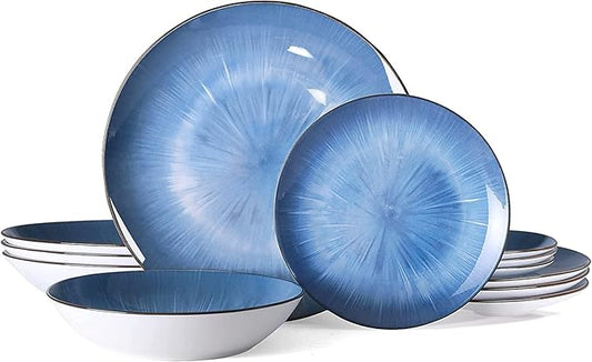 Bestone Porcelain Dinnerware Sets Service for 4, 12 pcs Hand drawn Plates and Bowls Sets, Handmade Ceramic Dish Set, Chip Resistant Modern Plate Set, Dishwasher/Microwave Safe竊똕tarburst blue