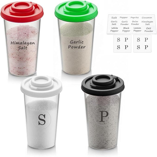 Plastic Salt and Pepper Shakers Set with 4 Color Lids & 20 Labels ??Clear Spice Jars, Reusable, Refillable Seasoning Containers for Kitchen, Cooking, Baking ??Easy Storage & Organization