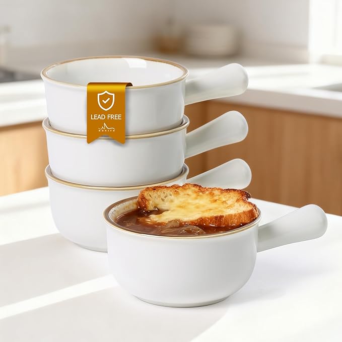 MONITO 28 Oz French Onion Soup Bowls, Ceramic Soup Bowls with Handles, Stackable Soup Crocks, Oven/Microwave/Dishwasher Safe, for Cereal, Soups, Casseroles