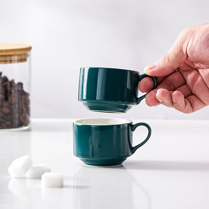 2.5oz Espresso Cups Set of 4, Small Stackable Coffee Cups with Saucers and Metal Stand, Ceramic Demitasse Cups, Cappuccino Cups for Coffee Drinks, Latte, Green
