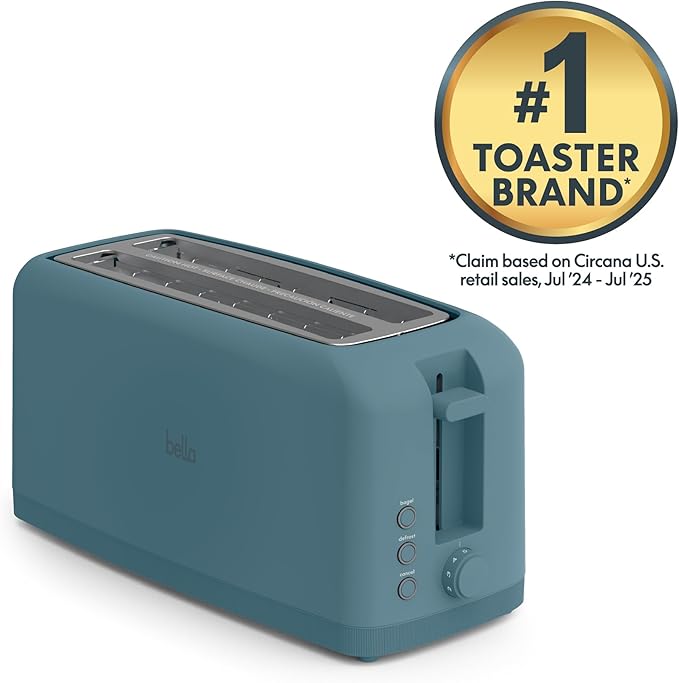 bella 4 Slice Slim Toaster, Fits-anywhere Kitchenware, 6 Setting Shade Control with Reheat & Cancel Buttons, Fits Sourdough, 10??Long Slot, Anti Jam & Auto Shutoff, 900 Watt, Surf