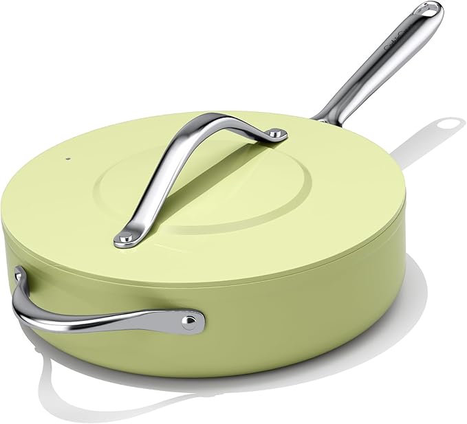 Nonstick Ceramic Saut챕 Pan with Lid (4.5 qt, 11") Deep Frying Pan for All Cooktops Non Toxic Skillet PTFE/PFAS Free, Dishwasher & Oven Safe up to 500째F w/Stay-Cool Handle, Olive Green