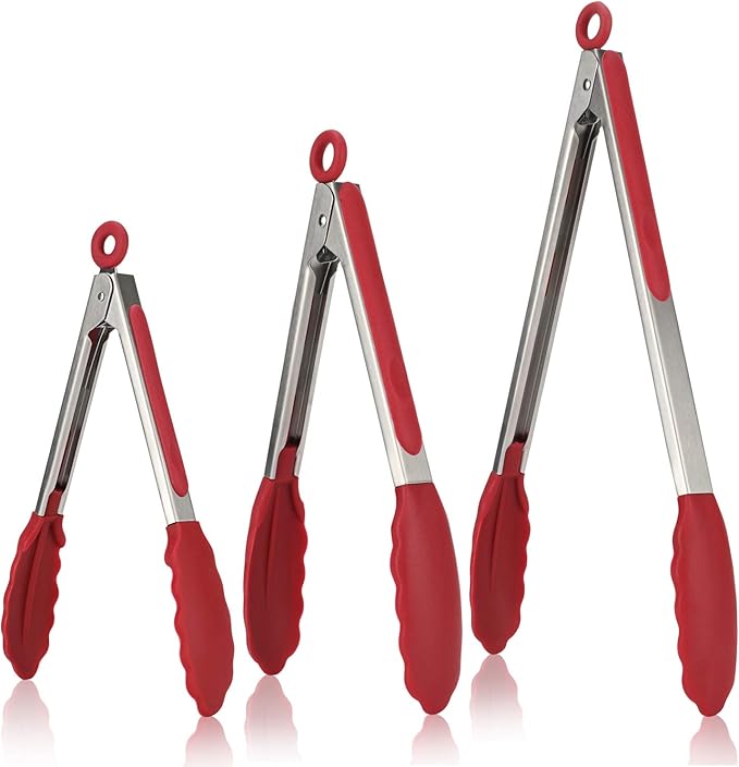 U-Taste Kitchen Tongs, 7/9/12 inches Cooking Tongs, with 600쨘F High Heat-Resistant Non-Stick Silicone Tips, 18/8 Stainless Steel Handle, for Food Grill, Salad, BBQ, Frying, Serving, Pack of 3(Red)