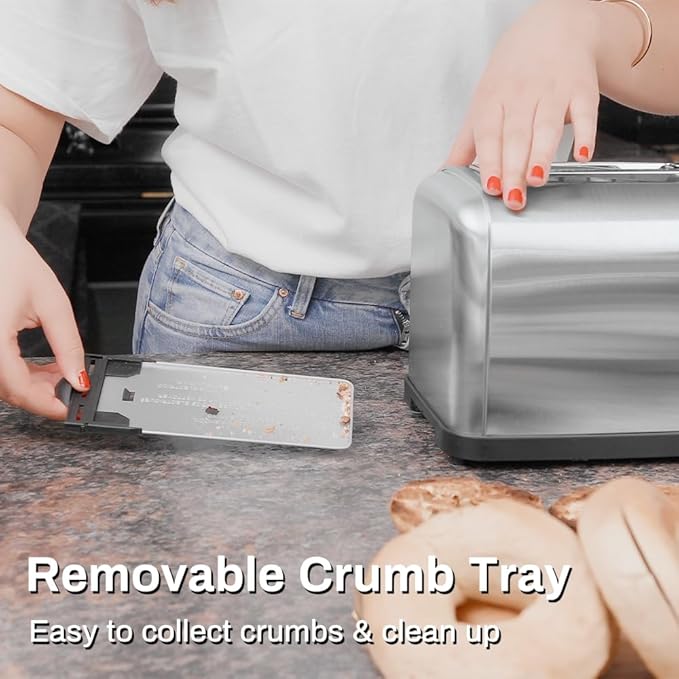 RAMJOY Toaster 2 Slice, Extra Wide Slot Toaster for Bagels, Bread, Waffles, 7 Shade Settings, 4 Main Functions, Removable Crumb Tray, 900 Watts Toasters, Brushed Stainless Steel