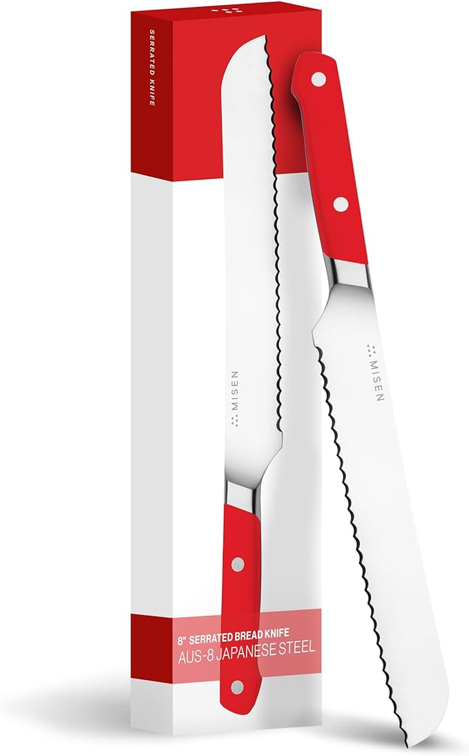 Misen Serrated Bread Knife - High-Carbon Japanese AUS8 Steel - Perfect for Soft Foods, Bread, Pastries, and Fruits - Verstatile Slicer, Razor-Sharp Edge, Durable Blade, Ergonomic Handle - 8", Red