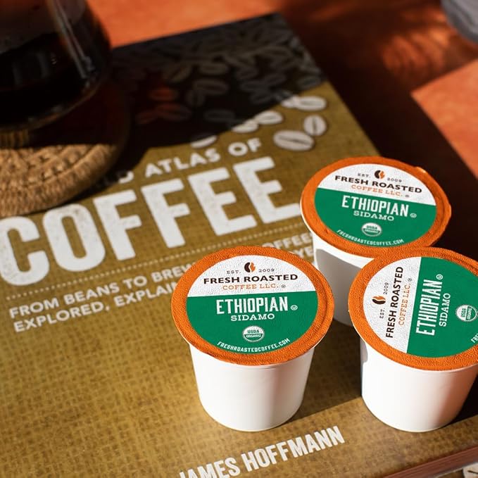 Fresh Roasted Coffee, Organic Ethiopian Sidamo |USDA Organic, 100% Single Origin, Kosher | Light Roast 72 Pods for K Cup Brewers