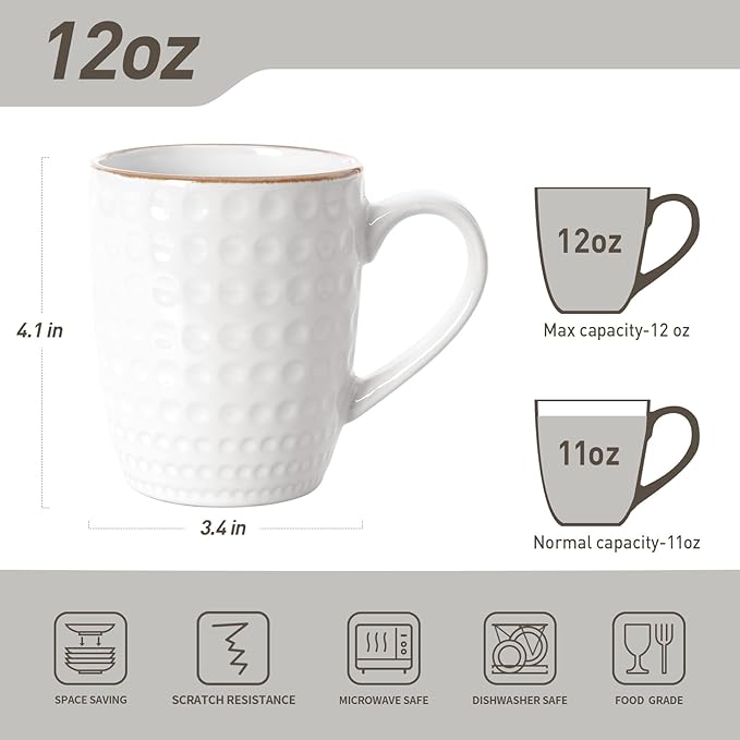 famiware Coffee Mugs Sets for 6, 12 oz Mug Set, Coffee Cups with Handle for Coffee, Tea, Cocoa and Milk, Microwave and Dishwasher Safe, White Circle