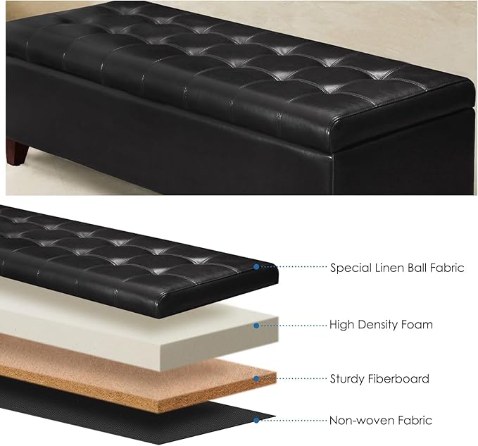 DECO DE VILLE Ottoman with Storage, 51 Inch End of Bed Storage Ottoman Bench, Faux Leather Upholstered Ottomans with Hinged Lid, Rectangle Long Foot Rest Bench for Entryway Living Room Bedroom Black