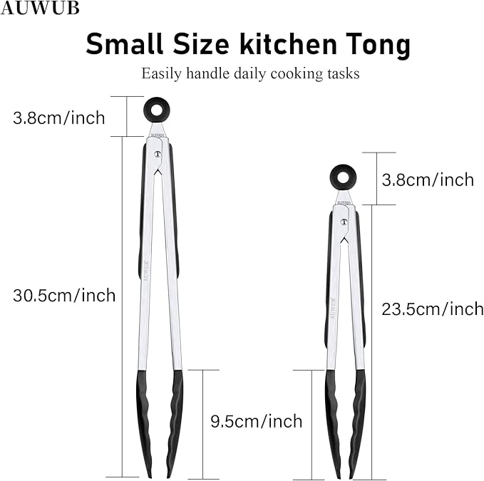 Salad Tongs, 7/9/12/16 Inch Silicone Food Tongs with 304 Stainless Steel Core, Easy-Grip, in Pistachio, Black, Blue, Orange, Red (Black, 9+12inch)
