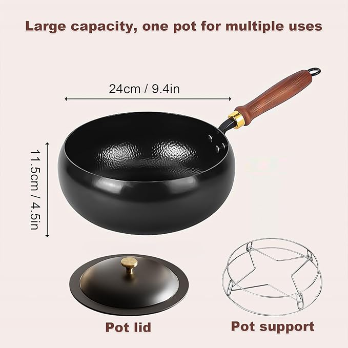 Japanese Frying Pan, Woks & Stir-Fry Pans with Stainless Steel Pot Support, Nonstick Wok, No Chemical Coated Flat Bottom Hand Hammered Chinese Wok For Gas (Iron lid, 24)