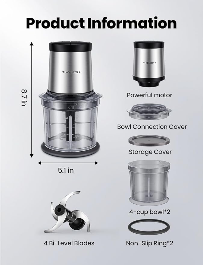 Food Processor 4 Cup, Electric Food Chopper, ?�Small but Powerful?‘Meat Grinder with 2 Bowls, 2 Speed & 4 Blades for Vegetable, Meat, Nuts, Functions for Chopping, Dicing, Mixing and Puree