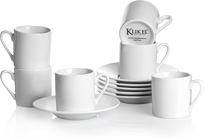 Klikel Espresso Cup And Saucer Set - White Cappuccino Demitasse - Small Coffee Cups For Cuban Coffee or Italian Espresso - Set Of 6