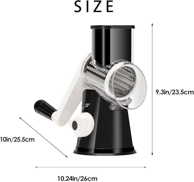 Ancevsk Cheese Grater Hand Crank, Rotary Vegetable Shredder with Handle and Strong Suction base, 3 in 1 Kitchen Speed Spin Veggie Slicer Nut Grinder for Pizza Top, Hash brown, Salad and More (Black)