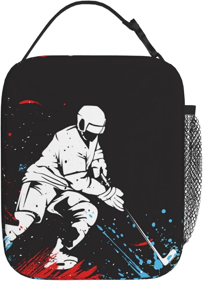 YIJIUWKIS Sports Lunch Bag for Boys Hockey Insulated Lunch Box with a Ice Hockey Player Pattern Print, Black Cooler Thermal Lunch Bag Tote Handbag with Water Bottle Holder for Kids Teens Adults