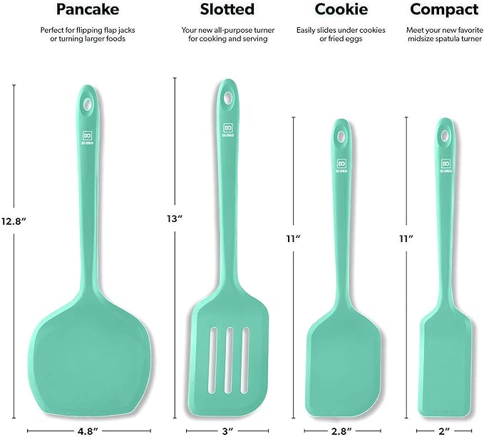 New DI ORO Silicone Turner Spatula Set - Kitchen Spatulas for Nonstick Cookware - Cooking Utensils for Flipping Eggs & Pancakes - 600째F Heat-Resistant BPA Free Turners - Dishwasher Safe (4pc, Mint)