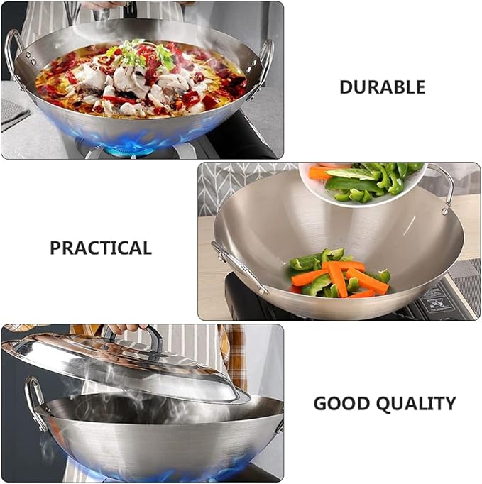 DOITOOL Stainless Steel Wok with Double Handles 12.6 Inch Round Bottom Pan for Stir Frying and Cooking Kitchen Use