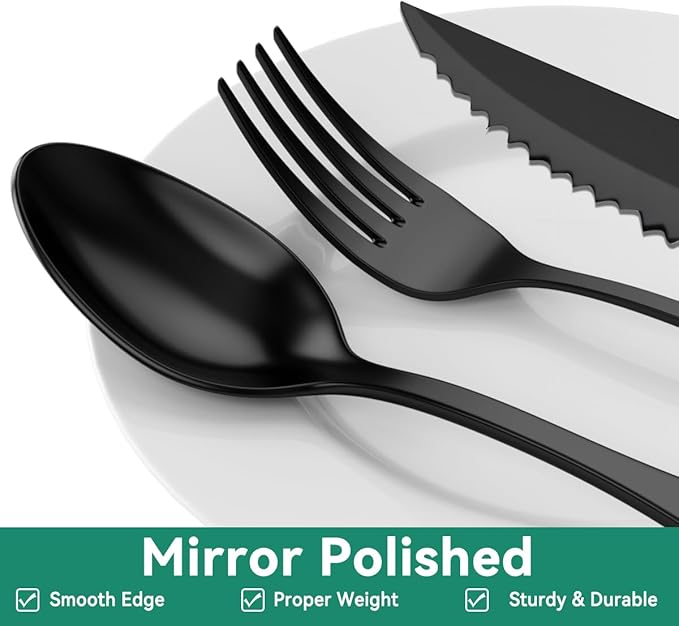 49-Piece Black Silverware Set with Organizer, Stainless Steel Flatware Set for 8 with Drawer Tray, Cutlery Steak Knives Fork Spoon for Home Restaurant, Mirror Finish