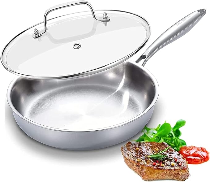 DELARLO Tri-Ply Stainless Steel Frying Pan訝? inch Skillet with Lid訝쭭ll Cooktops Compatible Up to 600?됦릅Enegry Saving訝쭷itchen Egg Skillet 9" 訝쭰urable訝쭱verything Pan訝쭽melet Pans for Kitchen Cooking