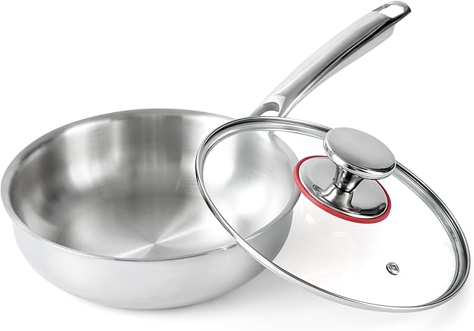 Professional Grade 316L Stainless Steel Frying Pan | 8 Inch Skillet with Glass Lid | Healthy PFOA/PFOA-Free & Dishwasher Safe | Induction & Gas Stove Compatible, Oven Safe to 500째F