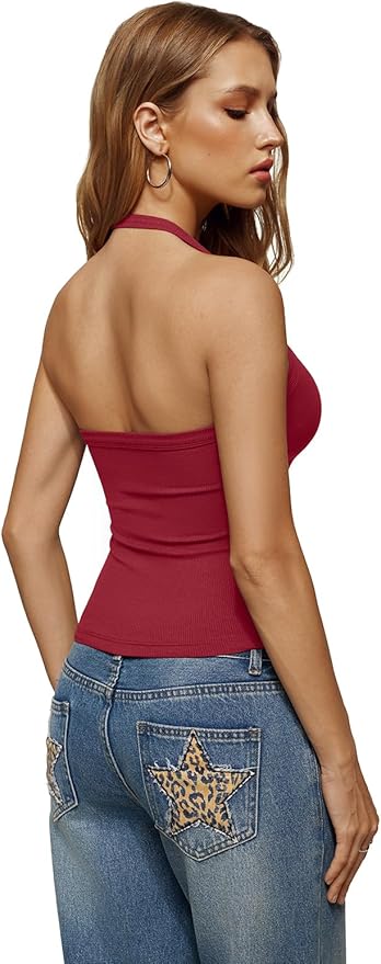 REORIA Womens Backless Halter Tank Top Sleeveless V Neck Fitted Camisole