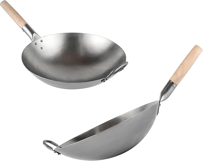 Motomori 14 Inch Hand-Hammered Carbon Steel Woks, 10 Traditional Japanese Woks - Round Bottom, Wooden Handle, Black Carbon Steel Traditional Stir Fry Pans, With Helper Handle - Restaurantware