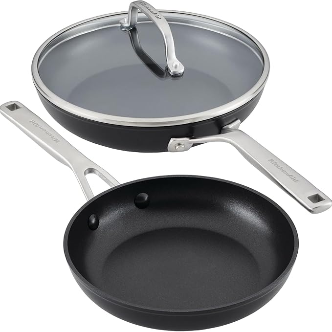 KitchenAid Hard Anodized Induction Nonstick Frying Pan Set With Lid, 3-Piece ??8 & 10 Inch Skillets, Durable, Even Heating, Dishwasher & Oven Safe, Easy-Clean, Matte Black