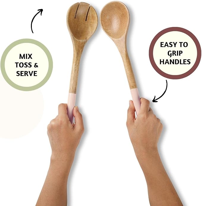 Folkulture Salad Servers or Salad Tongs, Wooden Utensils for Serving Salad, Salad Forks or Salad Tongs for Serving, Salad Sling, 12-inch Spoon and Fork Set, Mango Wood, Pink
