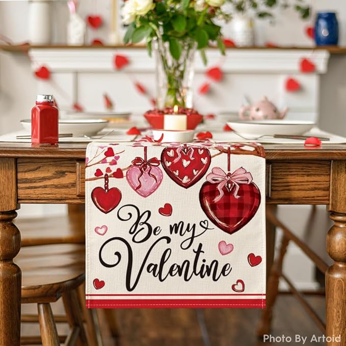 Artoid Mode Stripe Heart Valentine's Table Runner, Be My Valentine Anniversary Kitchen Dining Table Decoration for Home Party Decor 13x120 Inch