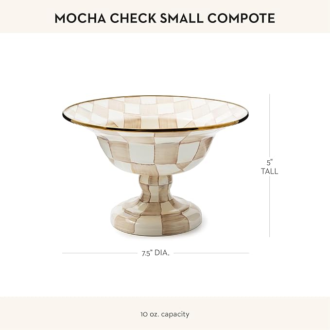 MACKENZIE-CHILDS Enamel Compote, Cute Enamel Pedestal Serving Dish or Decorative Bowl, Small, Brown-and-White Mocha Check