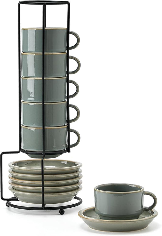 JIEMEI HOME Porcelain Stackable Espresso Cups with Saucers and Metal Stand, 4 Ounce Demitasse Cups for Latte, Cafe Mocha Tea-Set of 6 Espresso Mugs, Reactive Glaze, Green