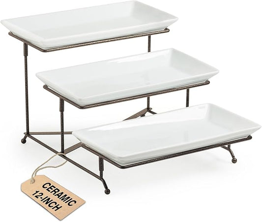 LAUCHUH 3 Tier Serving Tray for Party, Porcelain Tiered Serving Tray Stand Collapsible Sturdier Metal Rack Fruit Tray with 2 Cross Bars for Serving Fruit Dessert Party Display Set, 12 Inch, Bronze