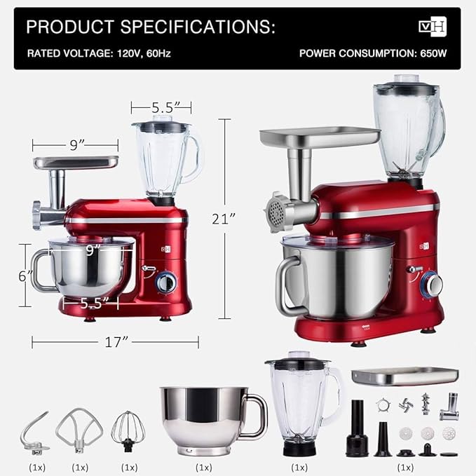 VIVOHOME 3-in-1 Stand Mixer, 6 Quart Electric Tilt-Head Kitchen Mixer with Bowl, Multifunctional Food Mixer with Meat Grinder and Blender Attachments, Dough Hook, Beater, and Whisk, Red