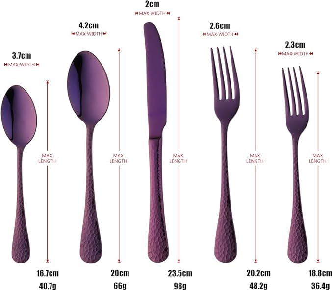Purple Silverware Set, 20 Piece Premium 18/8 Stainless Steel Hammered Kitchen Utensil Flatware Cutlery Sets of 4, Mirror Polish, Dishwasher Safe