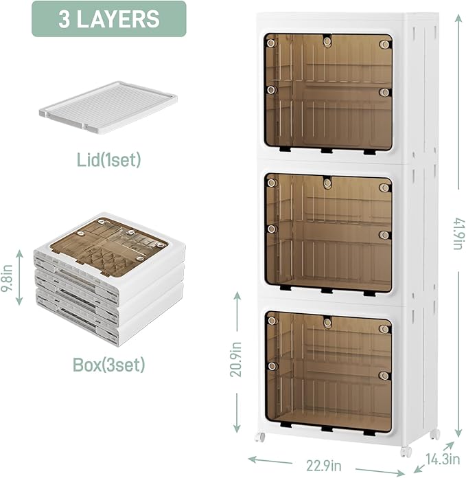 JEKO&JEKO Expanded Narrow Bathroom Storage Cabinet, 3-Tier Tall Cabinet Organizer with Wheels, Foldable Plastic Storage for Kitchen, Laundry Room or Home, White