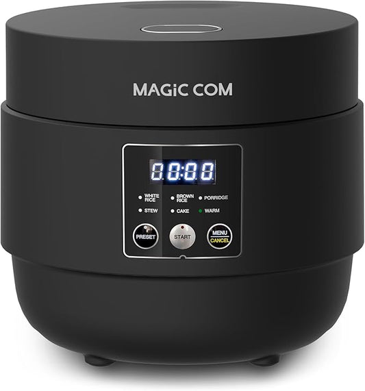 MAGiC COM Mini Rice Cooker 4 Cup Uncooked (8 Cup Cooked), Small Digital Multi-Cooker with Steamer, 24H Delay Timer, Automatic Keep Warm, Non-Stick Pot, Perfect for Dorm, Travel, Single Serve (Black)