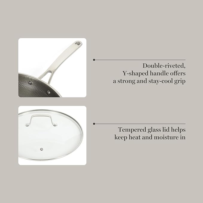 Martha Stewart Badgley Hybrid Nonstick 12 Inch TriPly Stainless Steel Large Fry Pan With Lid & Stay Cool Handle - Laser Etched Non-Toxic Perfect Sear Nonstick Skillet - Dishwasher and Induction Safe