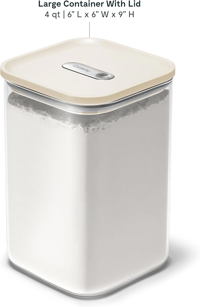 Caraway 4qt Glass Airtight Food Storage Container with Lid ??Non-Toxic, BPA-Free Kitchen Storage Container ??Stackable, Space-Saving Airtight Container for Dry Goods and More - Cream