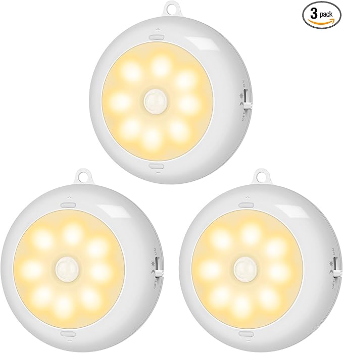 BLS 3.3??Motion Sensor Light Indoor AA Battery Powered, Under Cabinet Lighting Battery Operated, Magnetic Stick on LED Puck Nights Lights for Kitchen, Wall, Stair, Dimmable, 3000K Warm White (3 Pack)