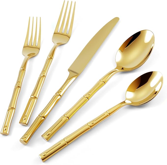 Silverware 40-Piece Stainless Steel Mirror Polishing Gold Flatware Set Bamboo Pattern Cutlery Set Service for 8