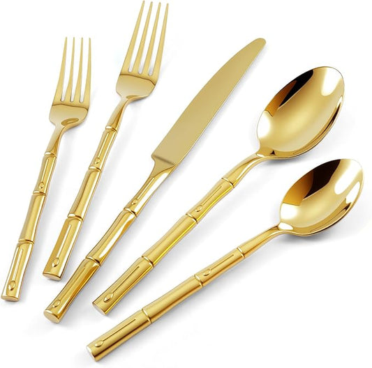 Silverware 40-Piece Stainless Steel Mirror Polishing Gold Flatware Set Bamboo Pattern Cutlery Set Service for 8
