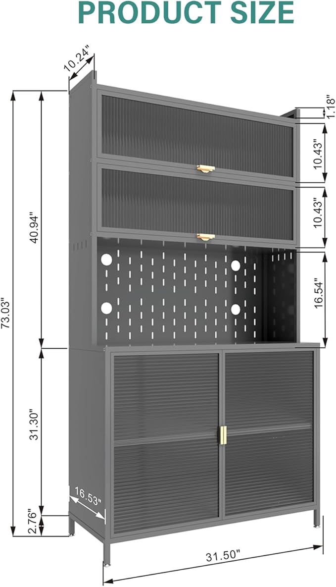 Ball & Cast 73?쿛antry Cabinet,Versatile Metal Storage Cabinet with Microwave Shelf,Pegboard Spacious, Adjustable Shelves Moden Kitchen Cabinet w/Anti-Tipping Safety for Kitchen,Dining Room,Grey