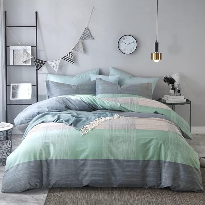 LifeTB King Comforter Set Patchwork Bedding Comforter Set Soft Fluffy Geometric Plaid Bedding Set for All Seasons Cozy Patchwork Plaid Checkered Pattern Comforter King Size with 2 Pillow Shams