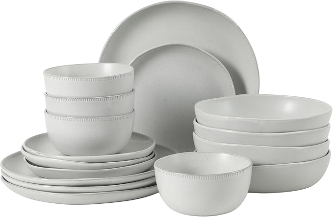 Gibson Elite Menlo Park 16-Piece Pottery Clay Stoneware Dinnerware Set ??White Reactive Glaze, Embossed Plates and Bowls W/Pasta Bowl, Service for 4 ??Microwave & Dishwasher Safe