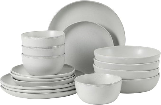 Gibson Elite Menlo Park 16-Piece Pottery Clay Stoneware Dinnerware Set ??White Reactive Glaze, Embossed Plates and Bowls W/Pasta Bowl, Service for 4 ??Microwave & Dishwasher Safe