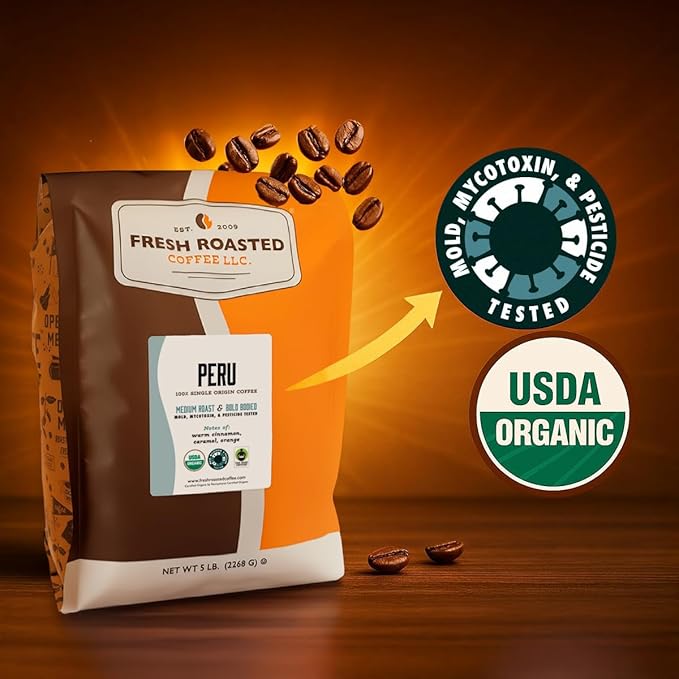 Fresh Roasted Coffee, USDA Organic Peru | 3rd Party Tested for Pesticides, Mold, Mycotoxins, Kosher | 100% Arabica, Specialty Grade, Med Roast 2 lb (32 oz) Whole Bean