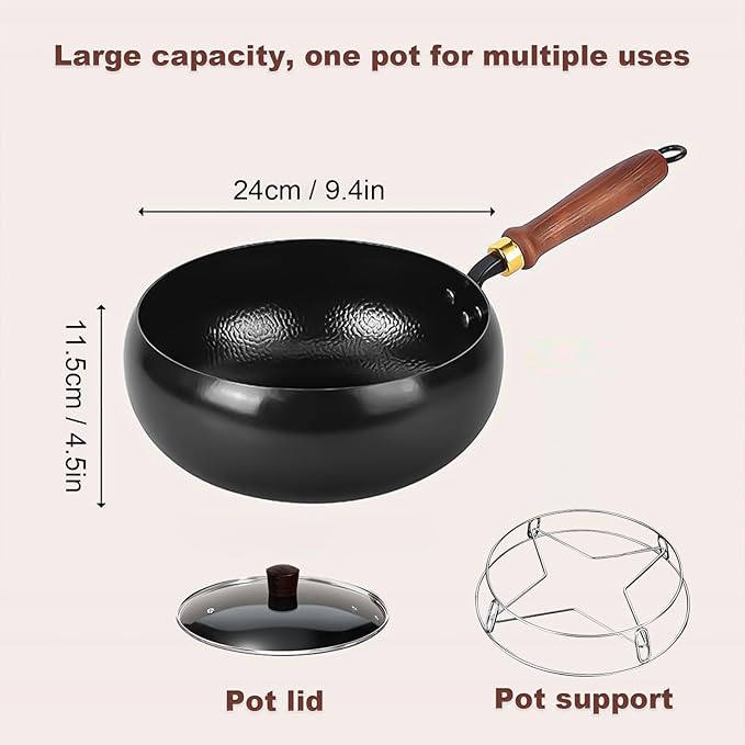 Japanese Frying Pan, Woks & Stir-Fry Pans with Stainless Steel Pot Support, Nonstick Wok, No Chemical Coated Flat Bottom Hand Hammered Chinese Wok For Gas (Glass lid, 24)
