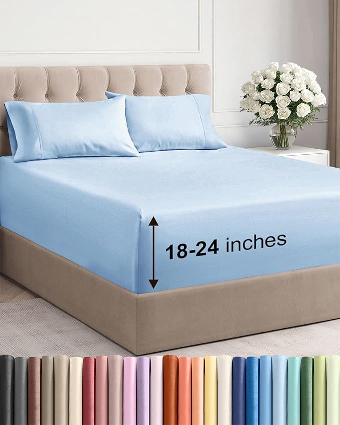 Extra Deep Pocket Full Sheets - 4 Piece Breathable & Cooling Bed Sheets - Hotel Luxury Bed Sheet Set - Soft, Wrinkle Free & Comfy - Easily Fits Extra Deep Mattresses - Deep Pocket Light Blue Sheets